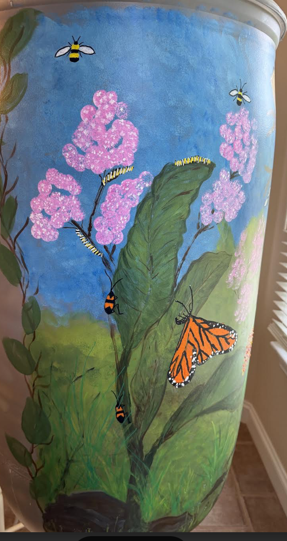 rain barrel with butterflies