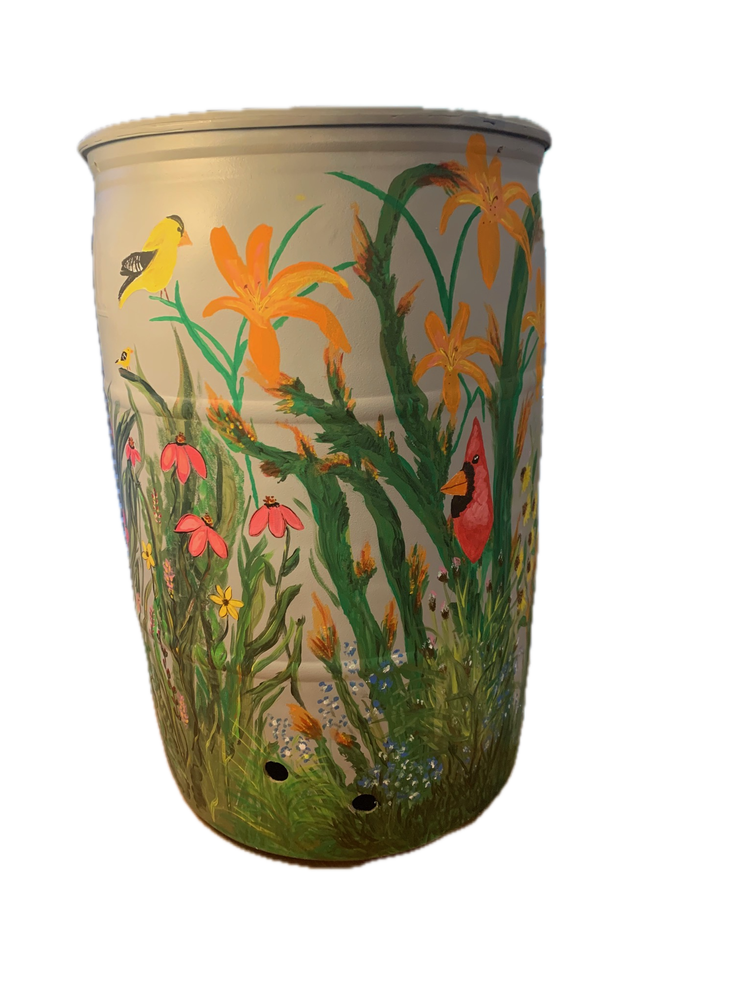 rain barrel painted with birds and flowers