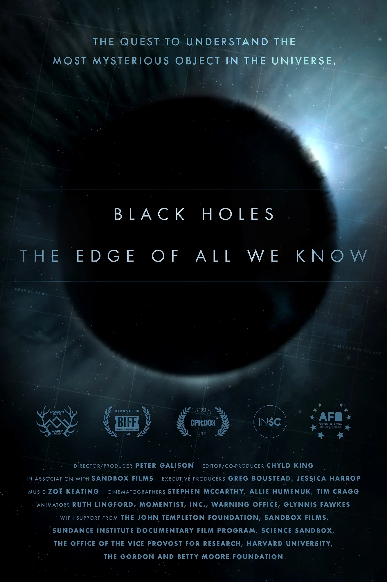 Film poster for Black Holes — The Edge of All We Know (2021), Peter Galison's documentary tracing the EHT collaboration's first image of a black hole
