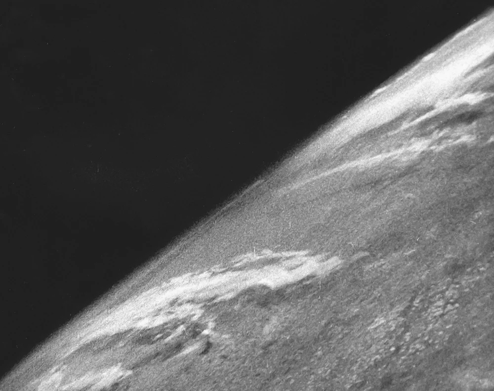 White Sands V-2 rocket, 24 October 1946: first photograph ever taken from space — view of Earth from 105 km altitude.