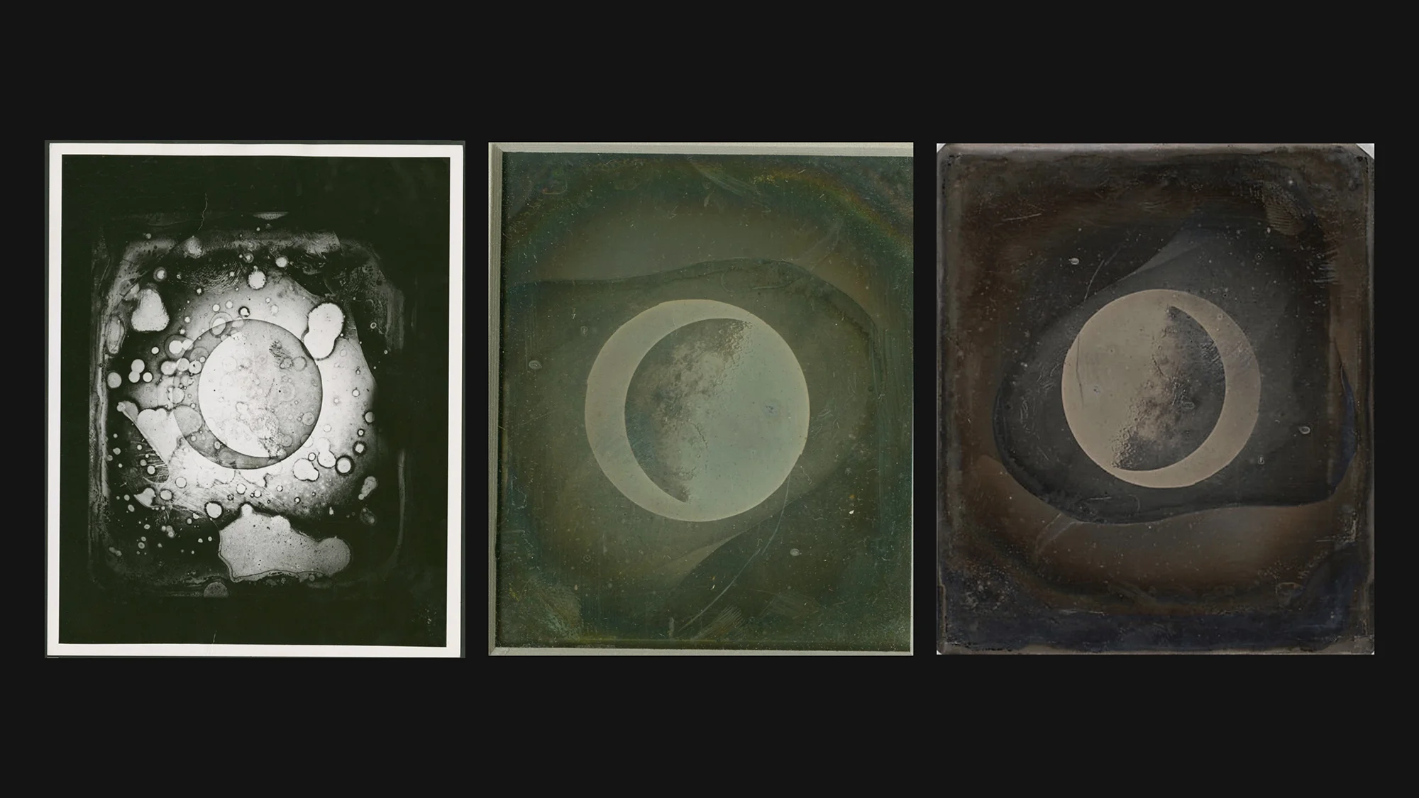 Three versions of Draper's 1840 moon daguerreotype side by side: NYU Photo Bureau copy, Smithsonian colour restoration, and original damaged plate. NYU Special Collections.