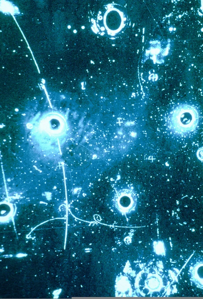 CERN 2021: leptonic event in the Gargamelle bubble chamber — particle tracks revealing weak neutral currents.