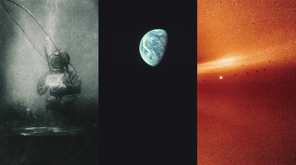 Compilation of three images from the collection of first photographs on zero baseline.com