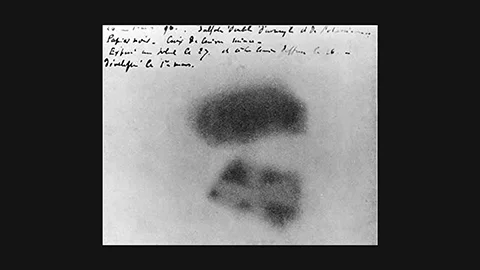 Becquerel 1896: ghostly blackened photographic plate from uranium salts – first photographic evidence of natural radioactivity