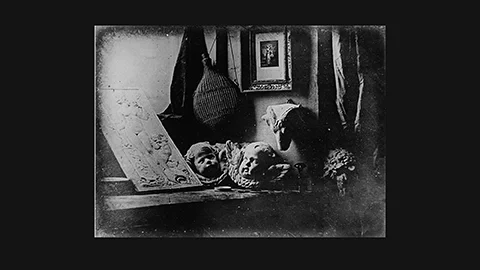 Daguerre 1837: silver-plated copper plate showing plaster casts, drawings and harp in studio – first surviving daguerreotype