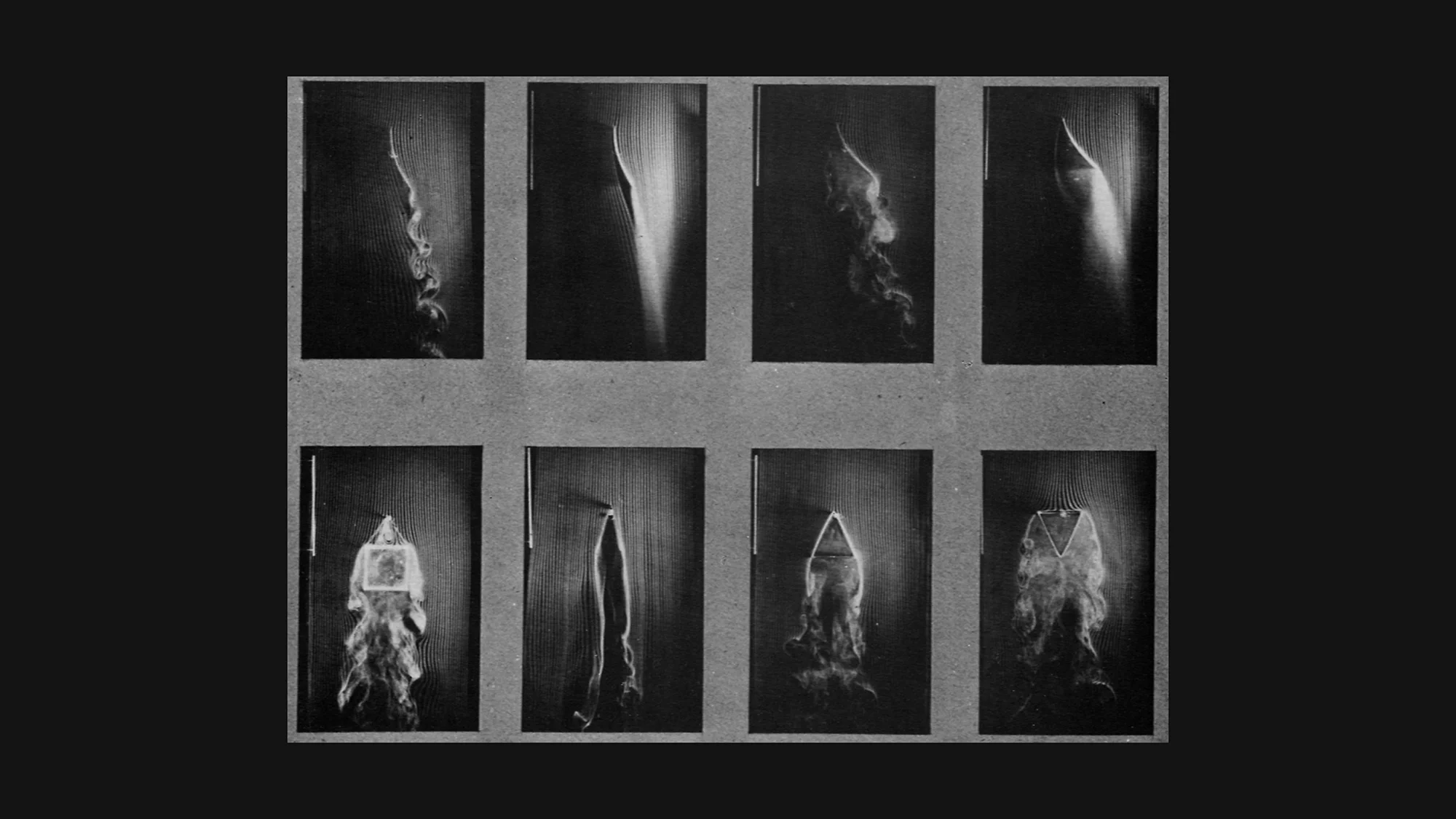 Marey 1900: smoke trails reveal air flow patterns around objects of different shapes – chronophotography