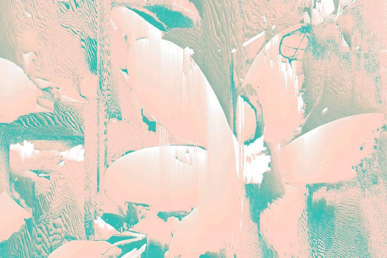 Abstract pastel-colored digital artwork with peach, teal, and white tones, featuring flowing, layered patterns and textured details.
