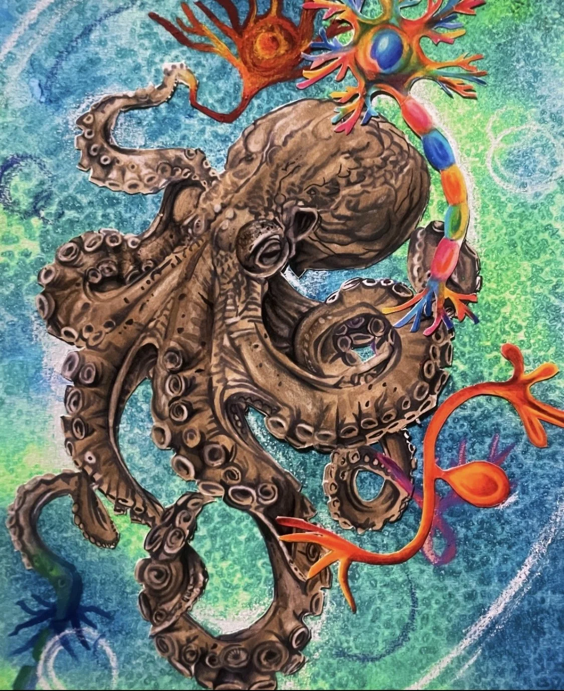 A colorful artistic painting featuring an octopus with detailed tentacles, and a large, stylized brain connected to vibrant, multicolored neural pathways. The background has a textured, abstract pattern with shades of blue, green, and yellow.