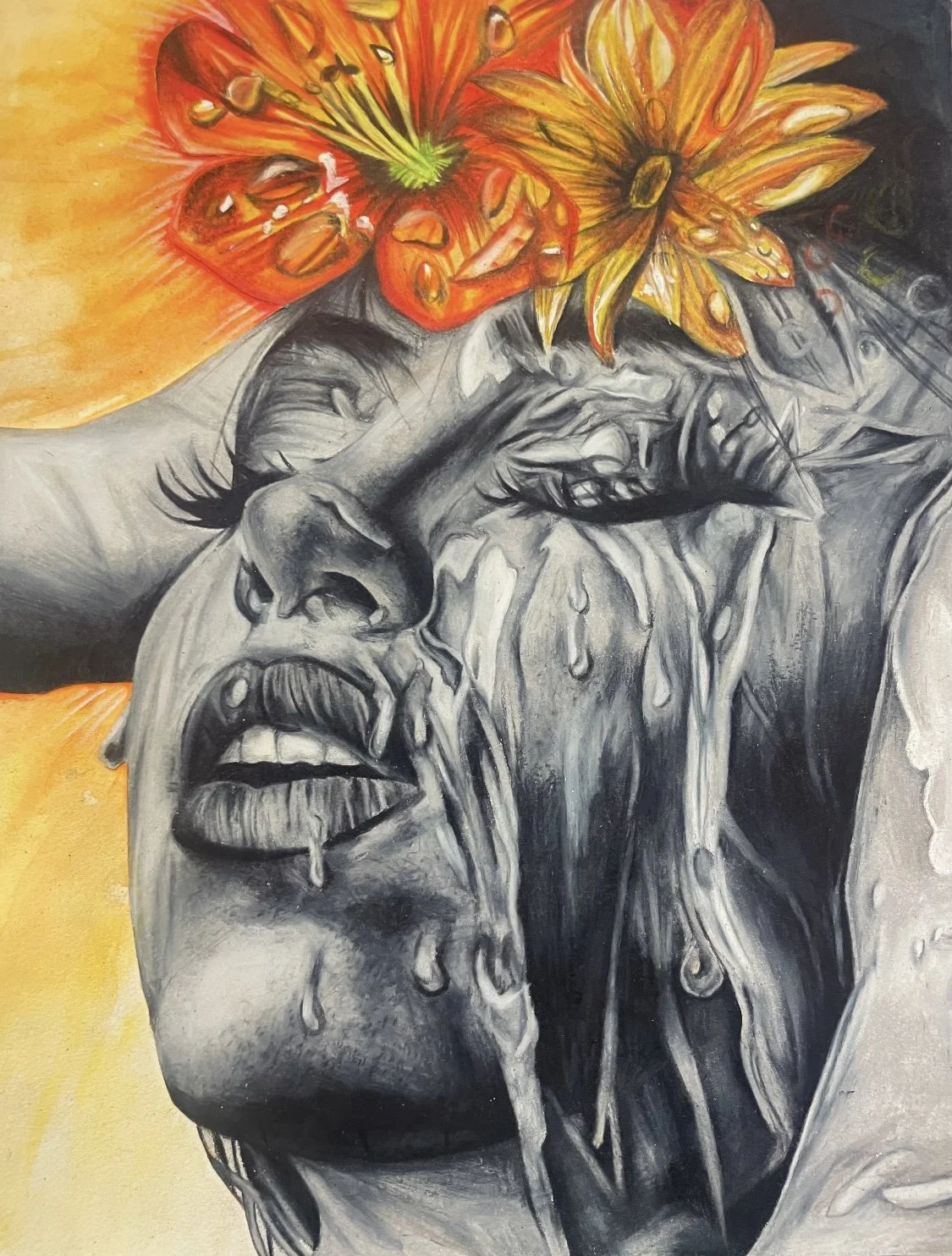 A grayscale painting of a crying woman with water streaming down her face, with vibrant red and yellow flowers above her head.