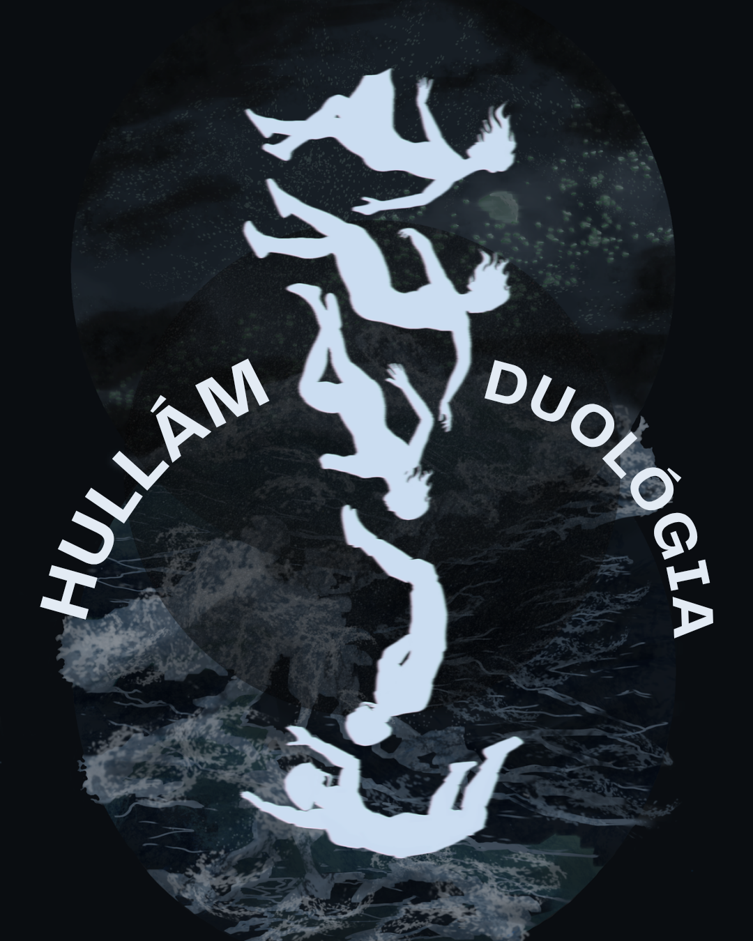 Fekete háttér előtt két egymást érő körben fent csillagos ég, lent hullámok. Az előtérben egy női alak zuhanásának öt fázisa, a kezdeti tehetetlen testhelyzetből, határozottá válva. A képen megjelenő szöveg: "hullám duológia".