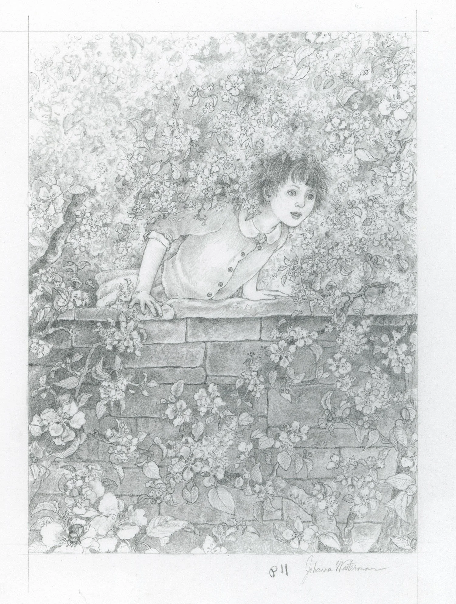 Mandy Climbing the Wall —
An interior from Mandy, where Mandy just makes it up over the wall into the garden where she discovers the cottage.
Pencil