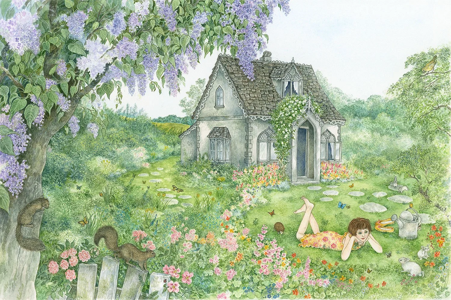 The tricky thing about painting a wraparound book jacket cover is not placing details where they will be covered up by type. I deliberately left open areas along where the spine would be.
I had so much fun with this illustration. Hidden in the nastur