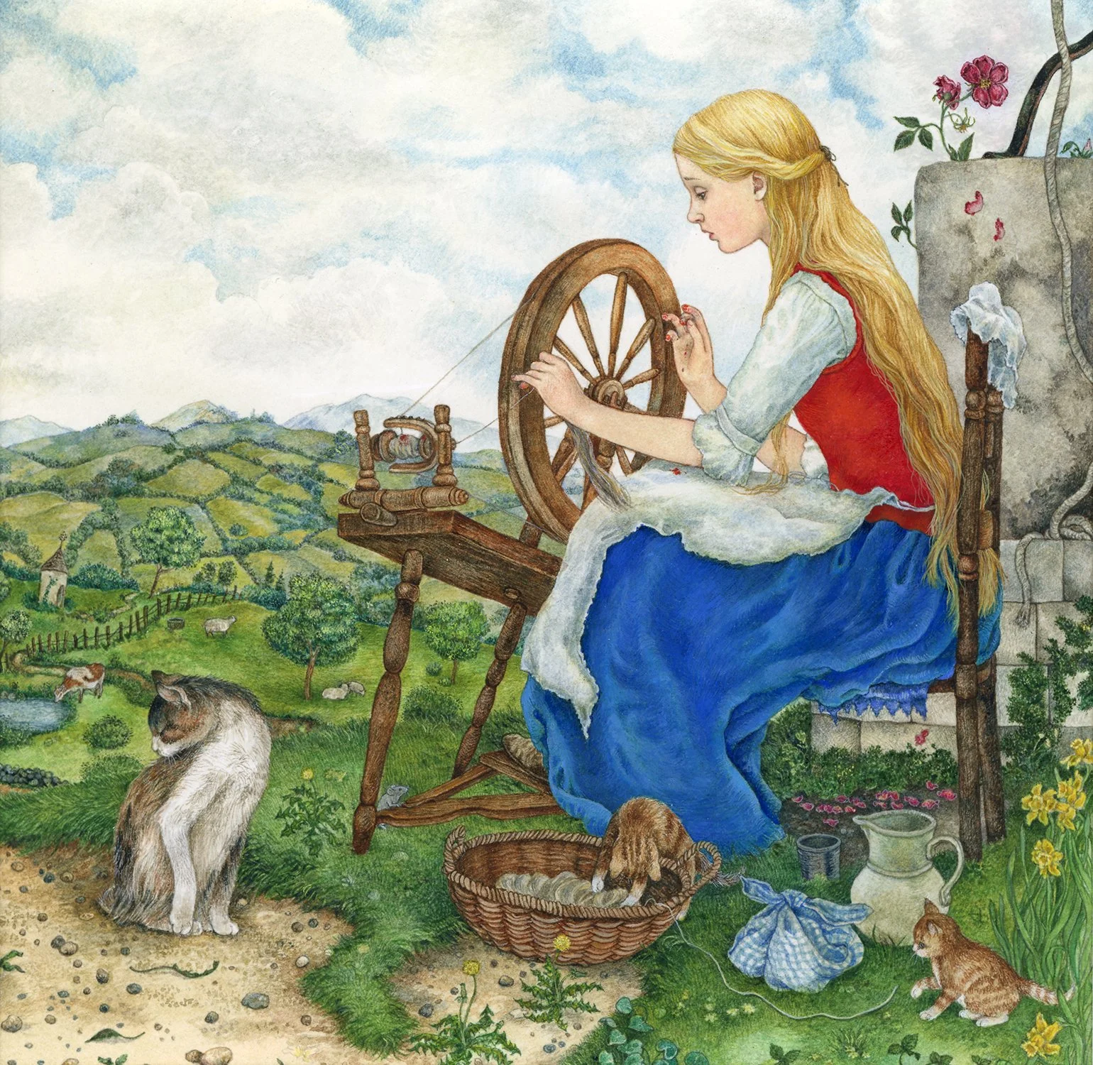 This is the first illustration I attempted for Mother Holly. I was deeply influenced by the landscapes by Hans Memling and other Flemish painters of that era. I could not stop working on this painting. Once I finished and realized how long I spent on