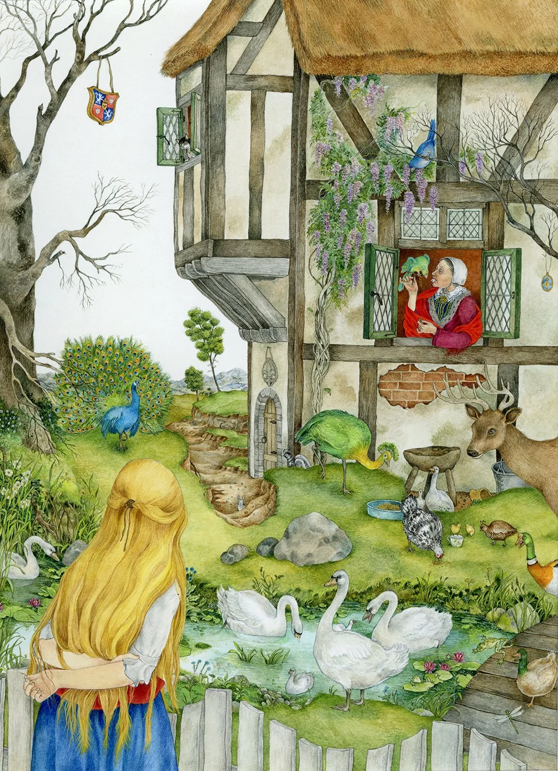 This is an interior painting from Mother Holly, where Rose, after jumping down the well to retrieve a dropped spindle, first encounters the magical and mysterious Mother Holly with her terrible teeth at her home. 
Watercolor and gouache