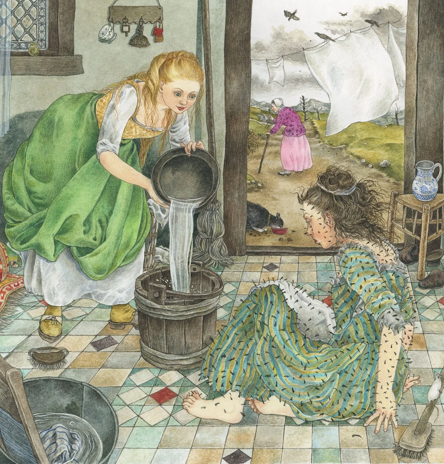 This is a scene from Mother Holly where the selfish and lazy sister Blanche is visiting Mother Holly’s house and refuses to do the housework that rewarded Rose. I scoured Dutch master interior paintings for this piece, and had so much fun placing odd