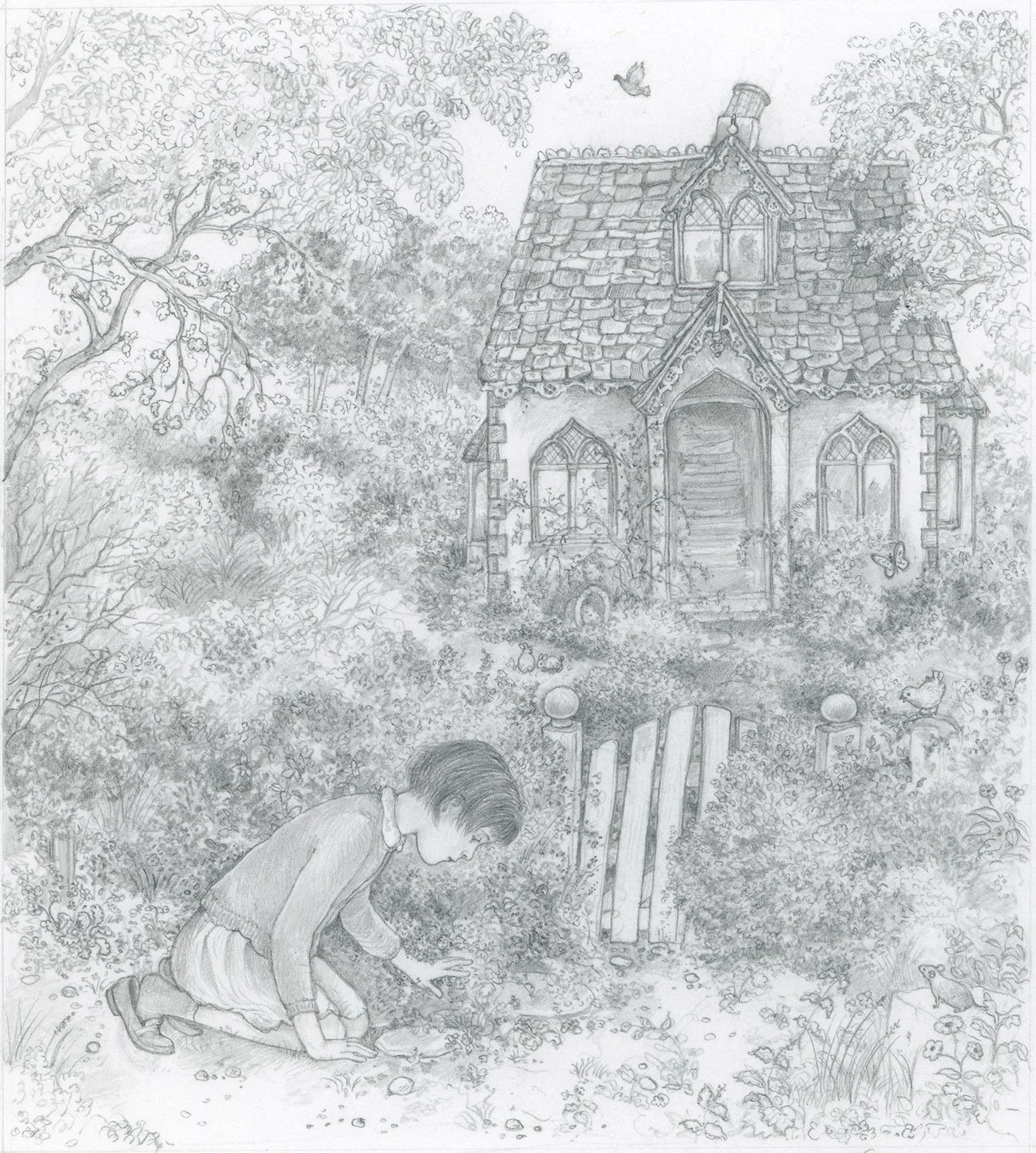 Discovering the Cottage —
An interior from Mandy. Here Mandy discovers a neglected cottage, part of a large estate, that she cleans up to make her own little hideaway and escape from the orphanage where she lives.
Pencil