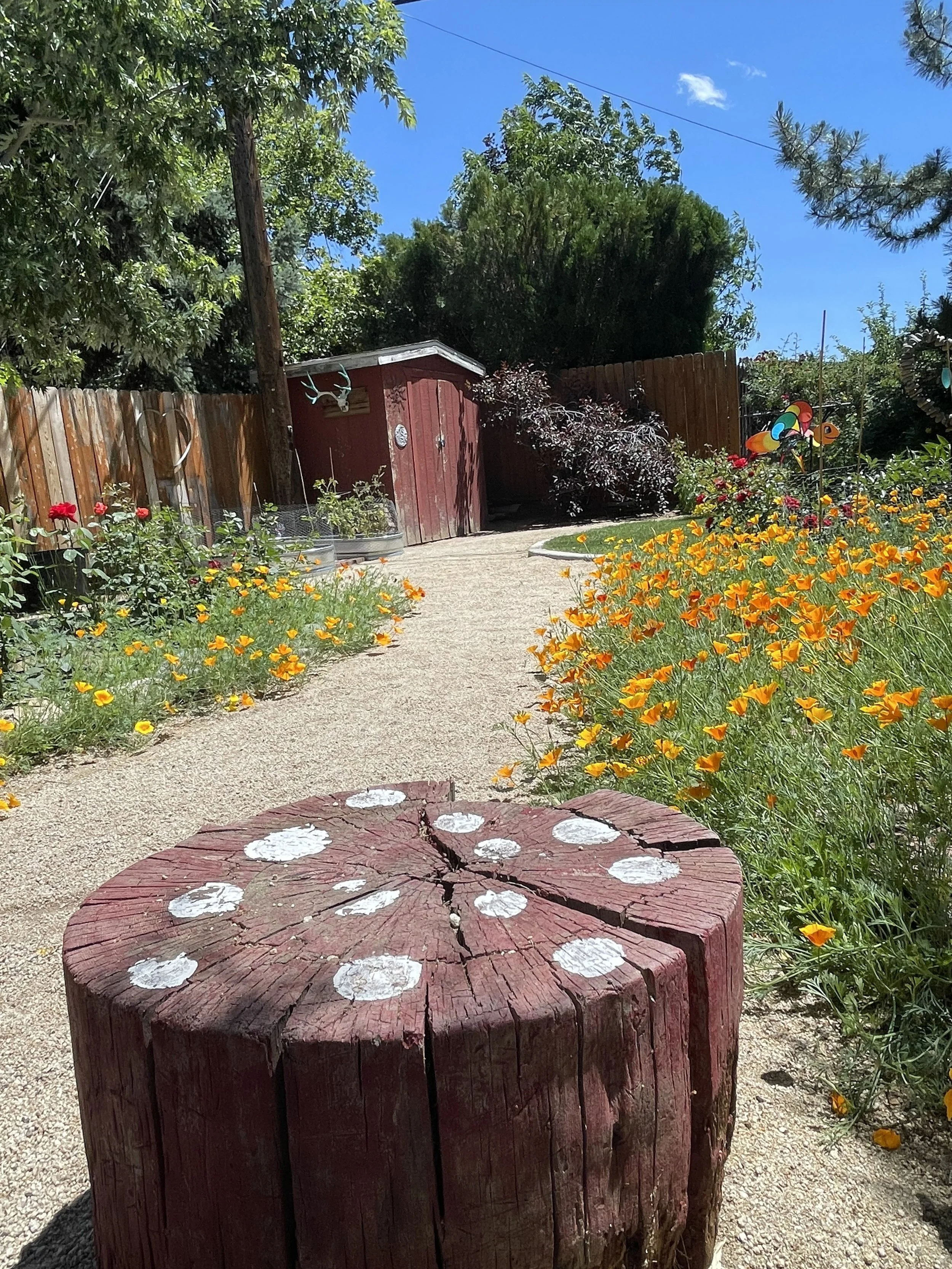 A garden pathway bordered by yellow and red flowers, with a weathered red wood stump in the foreground, and a cat-shaped wind spinner on the right, under a bright blue sky.