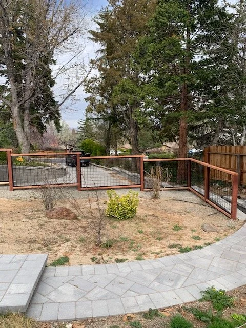 Backyard with a curved stone pathway, small garden beds with a few plants, and a wooden and wire fence, surrounded by tall trees.