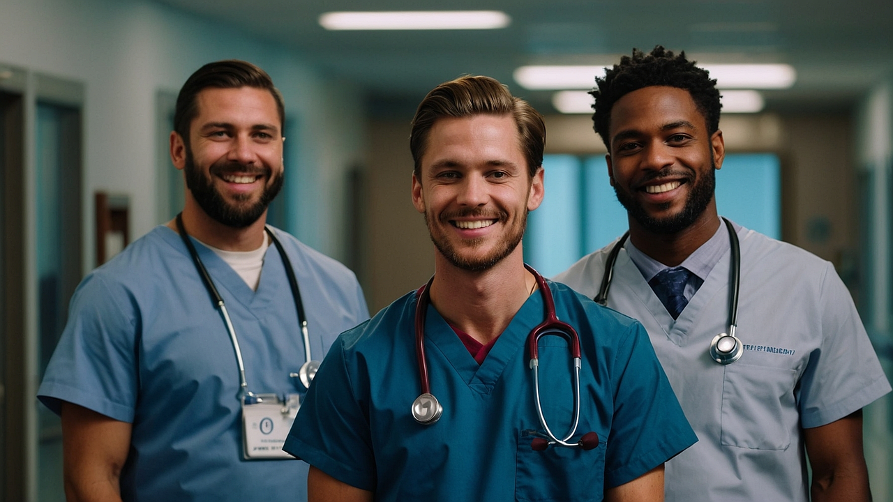 Three male healthcare workers in scrubs standing in hospital corridor, smiling at camera.