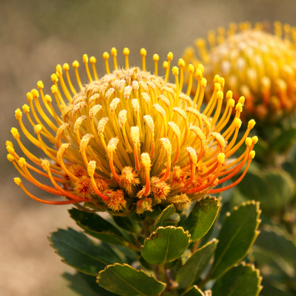 Close-up of a yellow-orange pincushion protea flower with spiky petals and green leaves.