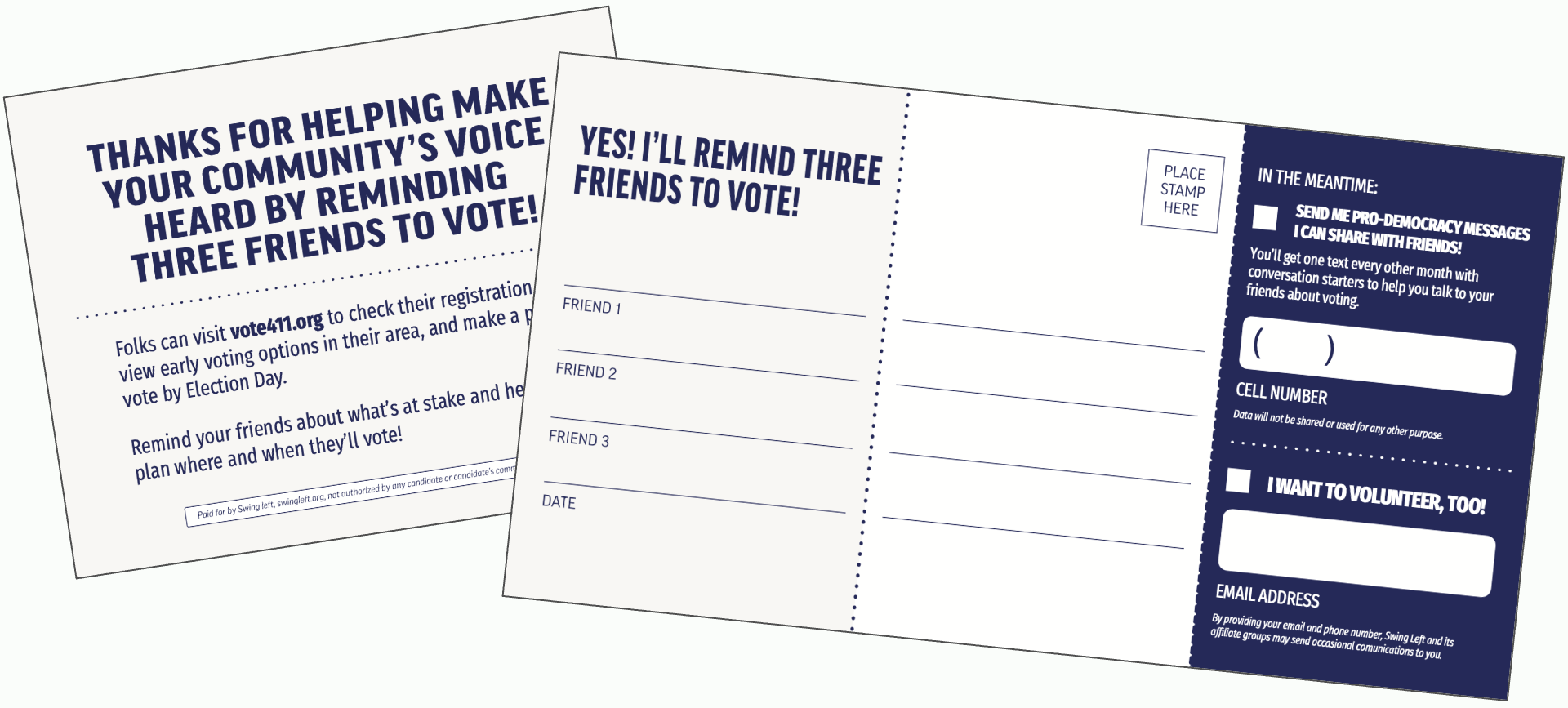 Image of front and back sides of postcard used to gather vote tripling reminders