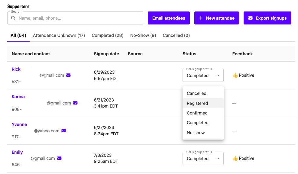 Screenshot of a sign-up management interface showing a list of supporters with their email contacts, signup dates, sources, statuses, and feedback, including options to change sign-up status such as Cancelled, Registered, Confirmed, and No-show.
