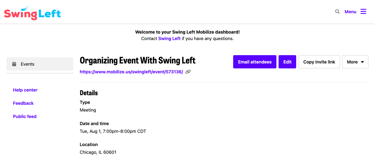 Screenshot of a webpage titled 'Organizing Event With Swing Left' with details about a meeting event scheduled for August 1, 7:00pm to 8:00pm CDT in Chicago, Illinois, including options to email attendees, edit, copy invite link, and more.