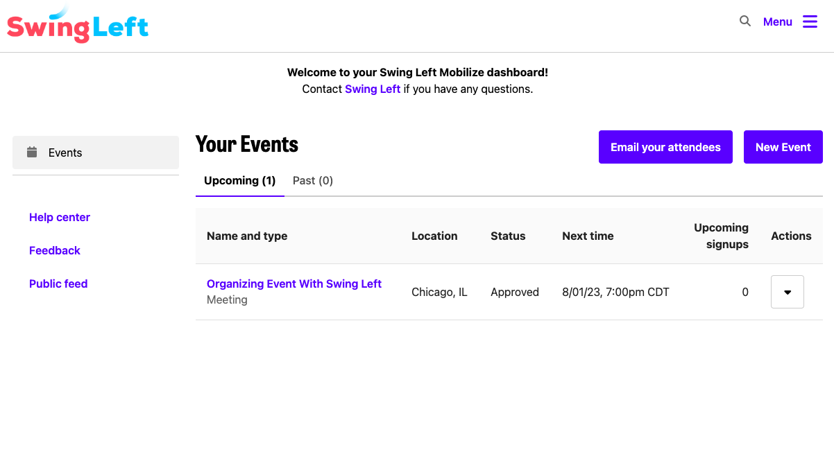Swing Left Mobilize dashboard displaying upcoming event titled 'Organizing Event With Swing Left' in Chicago, IL, scheduled for August 1, 2023, at 7:00 pm CDT, with options to email attendees or create a new event.