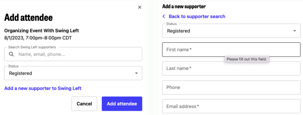 Screenshots of two online event registration forms for a Swing Left organizing event on August 1, 2023, from 7:00 to 8:00 pm CDT, showing fields for attendee information and supporter registration.