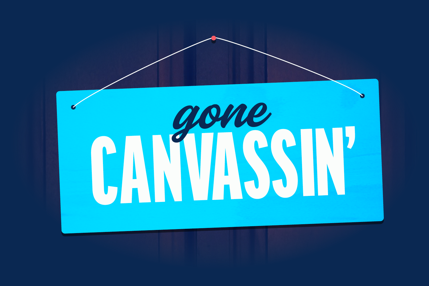 Bright blue hanging sign that reads 'gone CANASSIN' in large white and black text, hanging against a dark background.