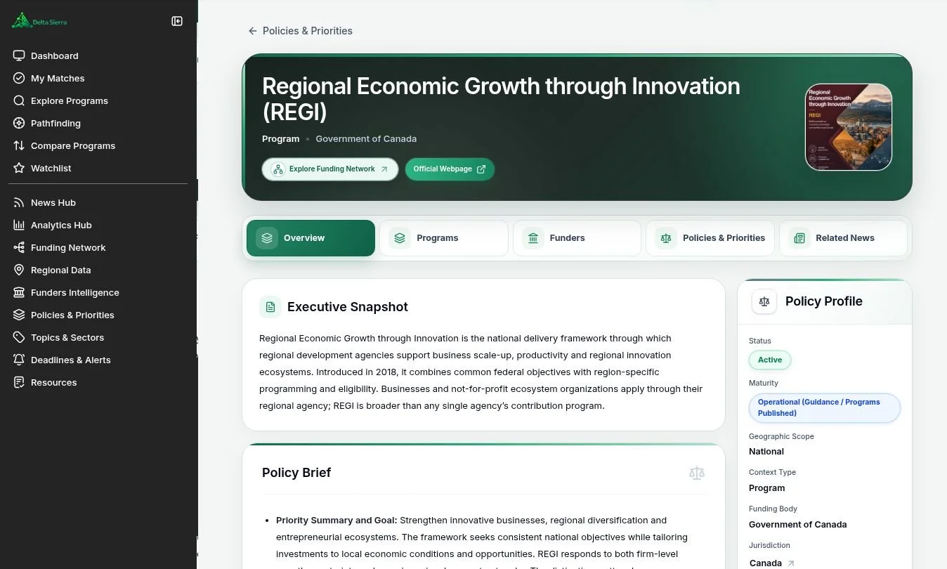 Delta Sierra policy intelligence with an executive snapshot, policy brief, and linked funding context.