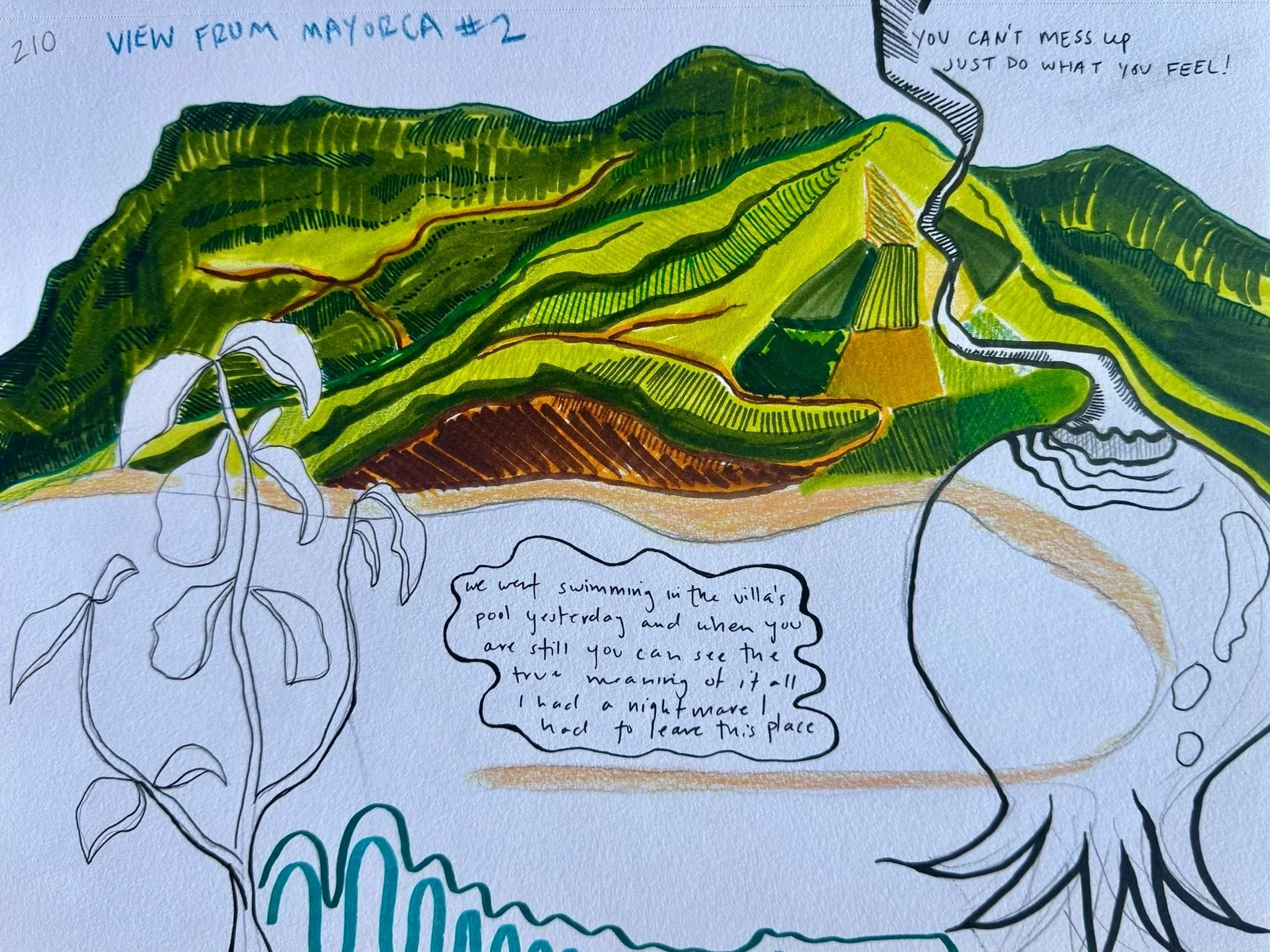 A colorful drawing of a mountain landscape with green hills and a winding path, accompanied by handwritten text and doodles. The drawing includes notes about a view from Mayolica and commentary encouraging feeling over messing up.