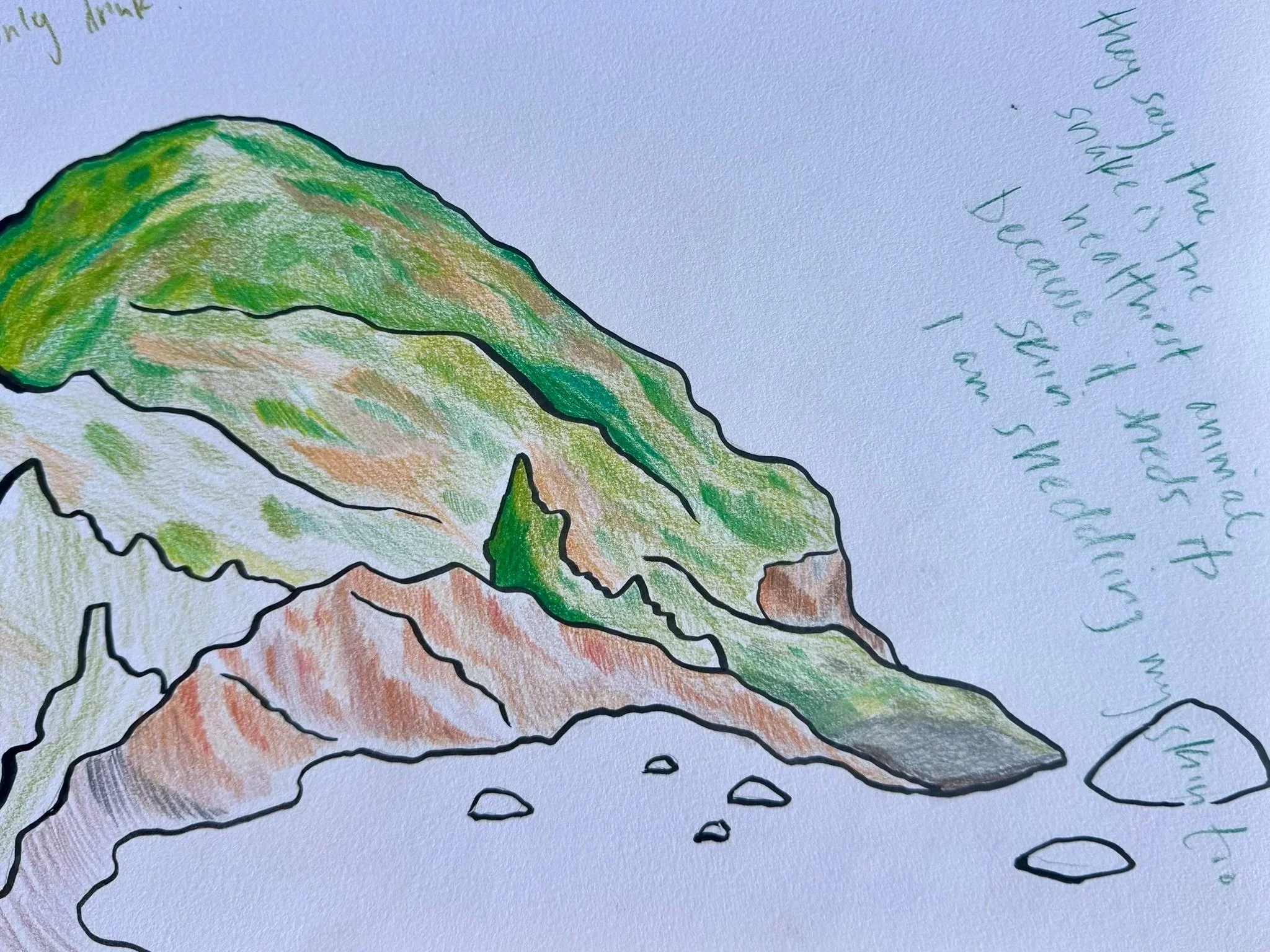 Colorful hand-drawn map of a mountain or terrain with handwritten text nearby.