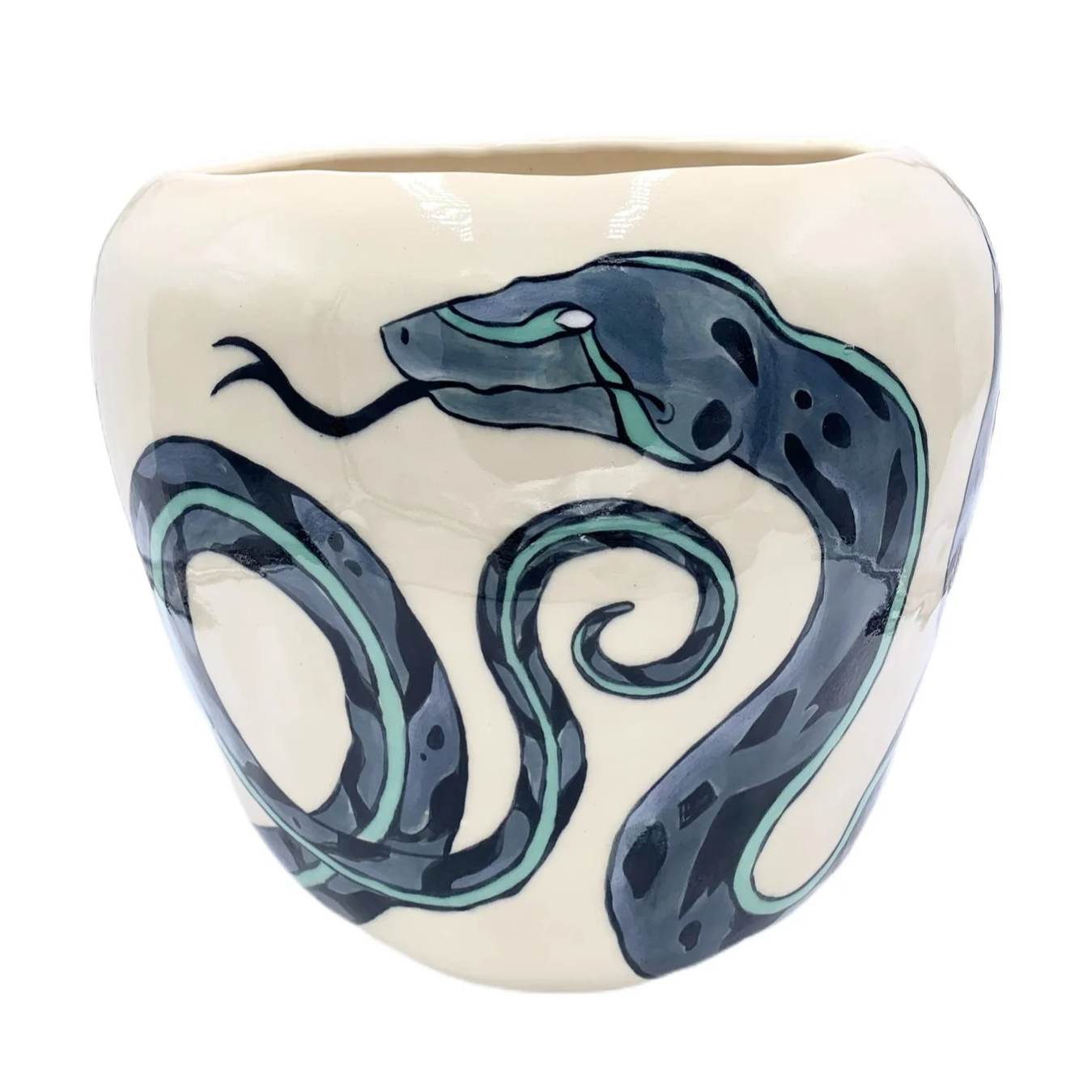 Ceramic vase with a painted black and green snake winding around it.