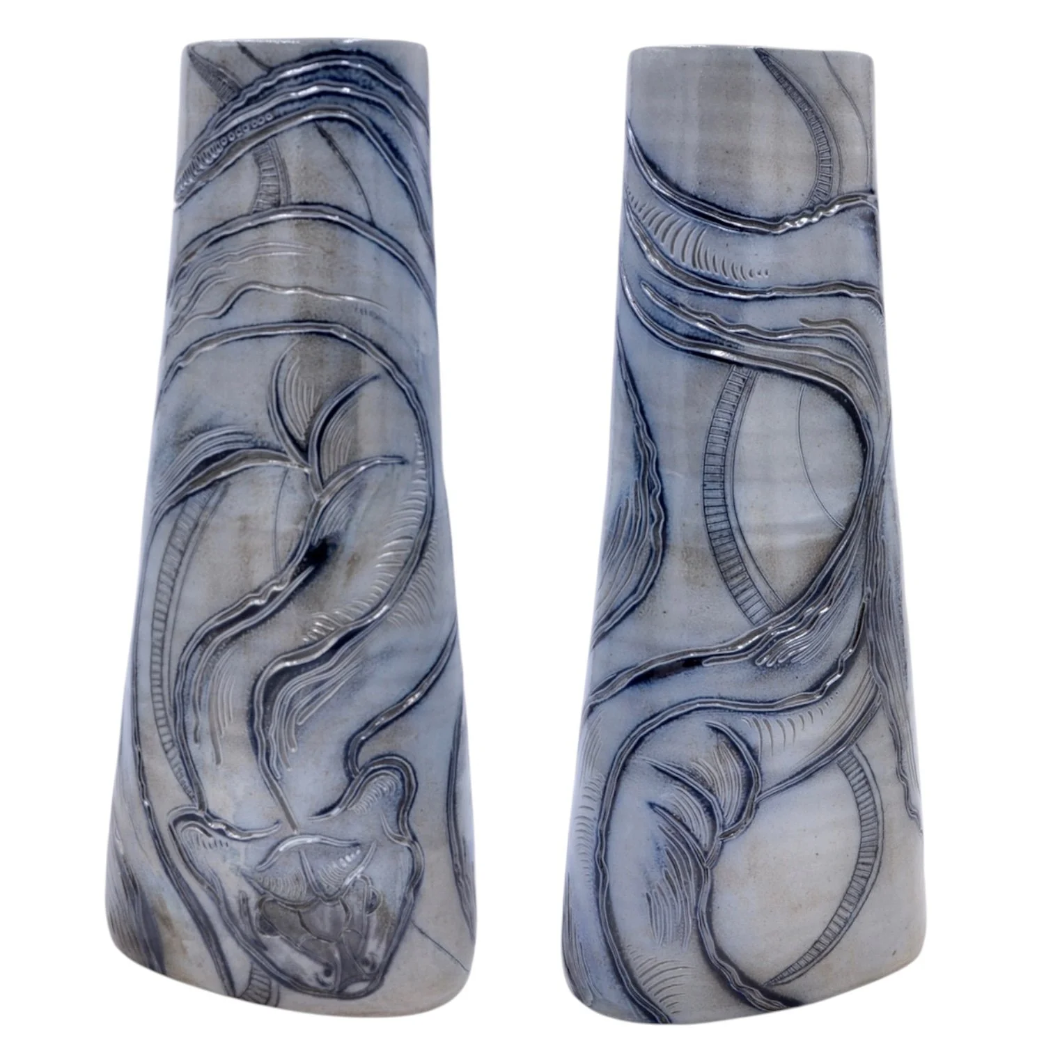 Two ceramic vases with gray and black marble-like swirling patterns.