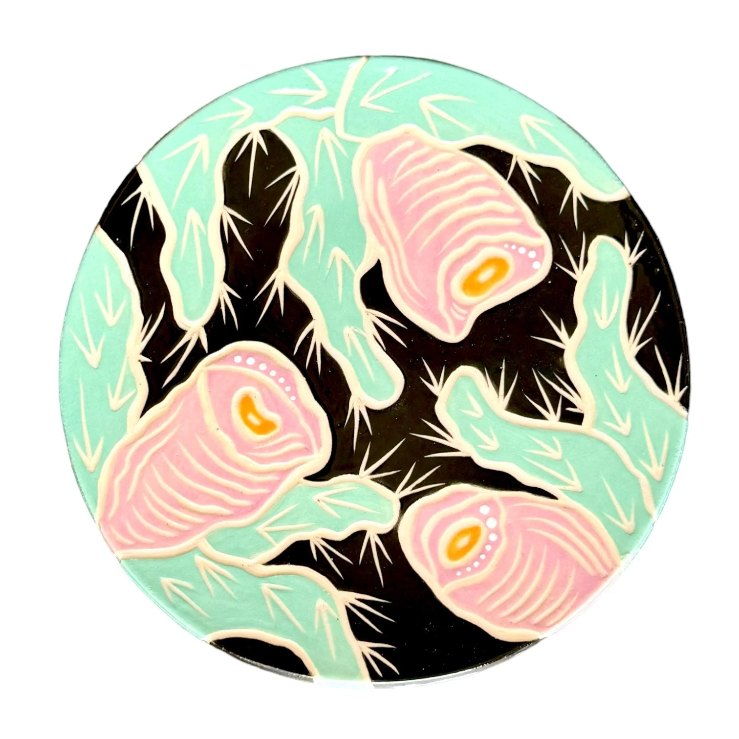 Decorative plate featuring stylized salmon fillets and foliage in pastel and dark shades.
