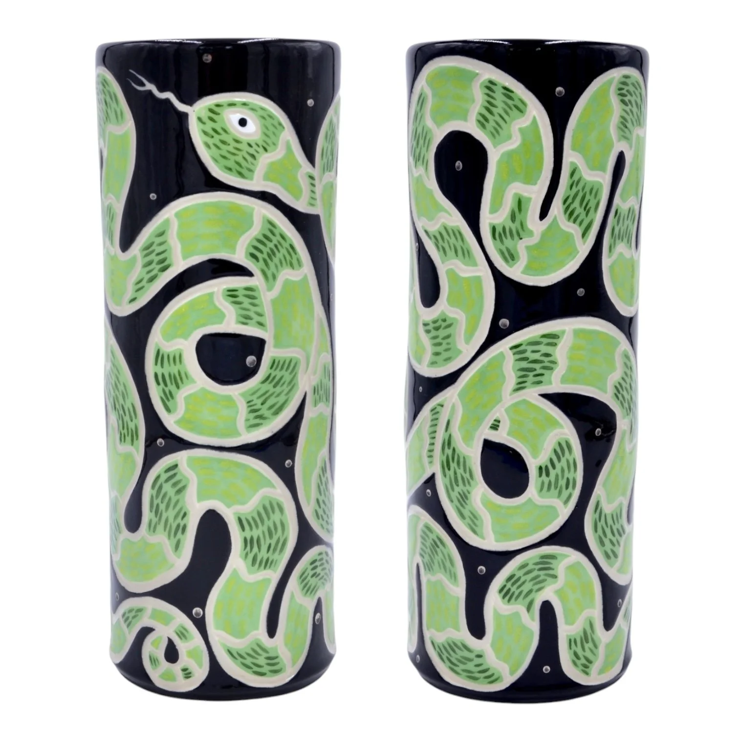 Pair of decorative vases with a black base color and green abstract patterns.