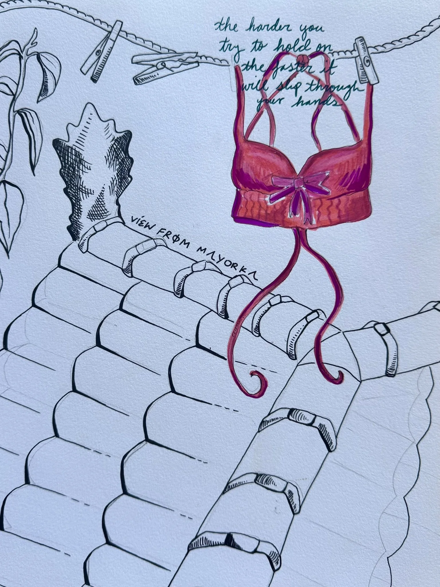 A creative drawing with a slit spectrum of black and white sketches and vibrant colors, featuring a quote about holding on and letting go, a pair of shoes, and a drawn line of shoes with text that says 'view from Maryland'.