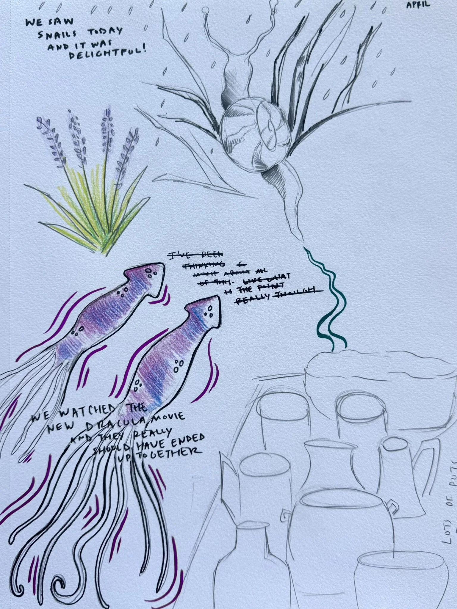 Sketch of a hand holding an onion, a bunch of lavender flowers, and several wine glasses. Handwritten notes mention snails, a dragon movie, and a movie theater.