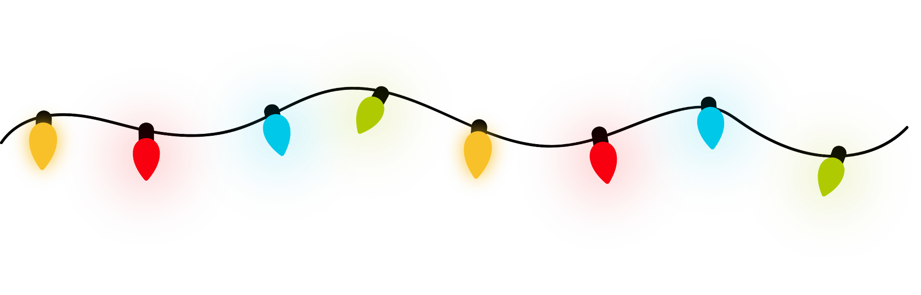 Illustration of a strand of colored Christmas lights.