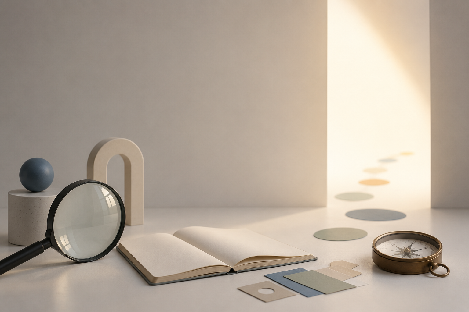 Minimalist scene with a magnifying glass, open notebook, colored paper swatches, a round compass, geometric shapes, and light flowing through an opening.