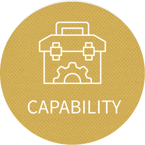 Icon of a briefcase with a gear inside on a gold background with the word 'CAPABILITY' written below.