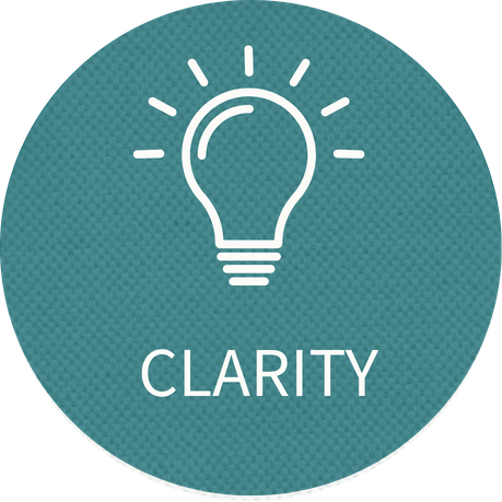 Icon of a light bulb with rays around it on a teal circular background, with the word "CLARITY" below.