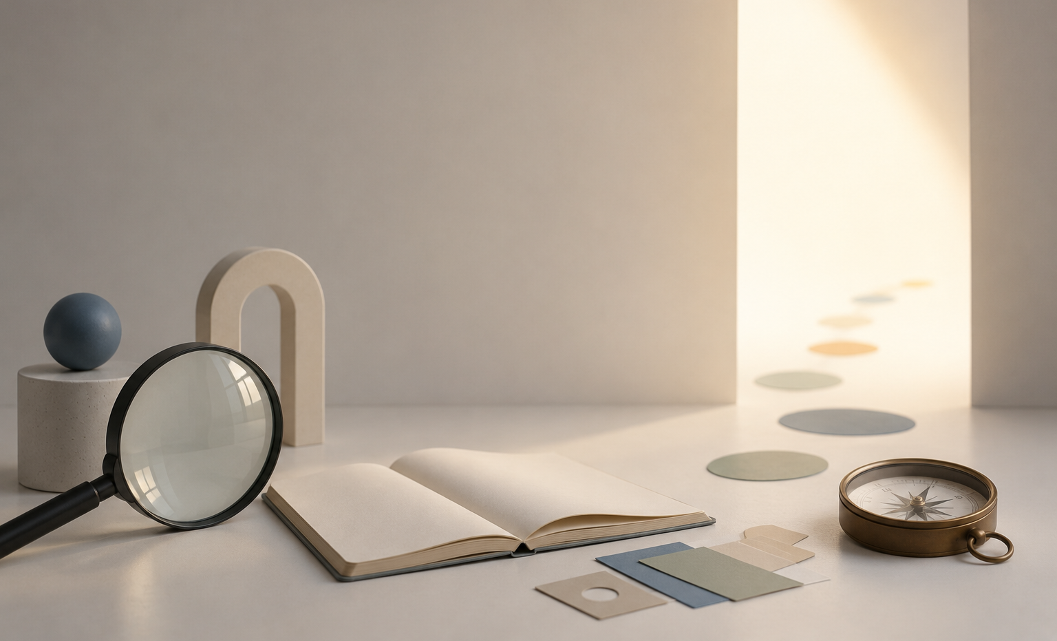 Minimalist desk workspace with open notebook, magnifying glass, watercolor paint swatches, a compass, and abstract geometric decor pieces, illuminated by natural light.