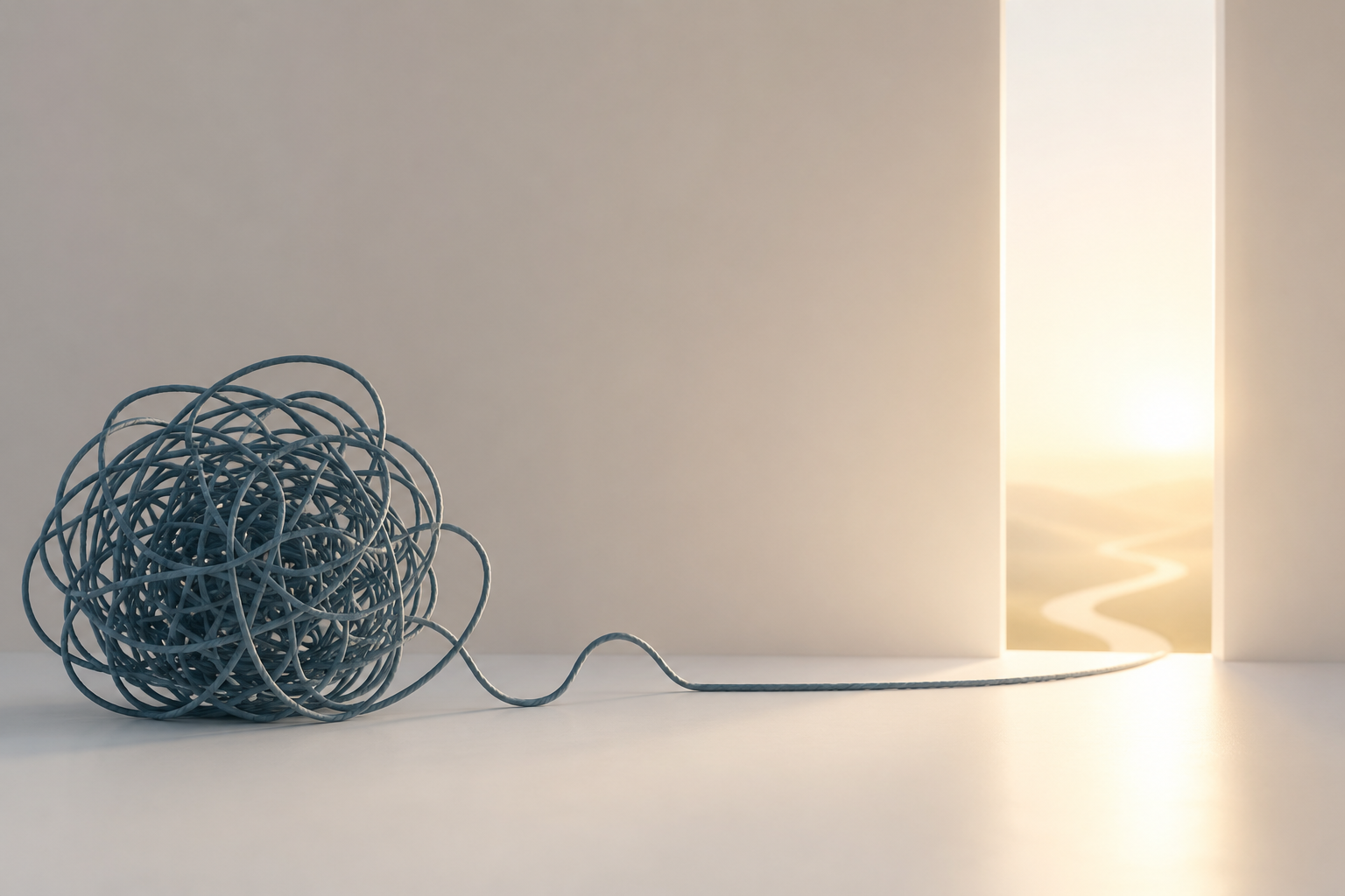 A tangled ball of gray string on a white surface, with part of the string extending out to the right, leading to a rectangular opening revealing a bright, sunlit landscape with a winding path.