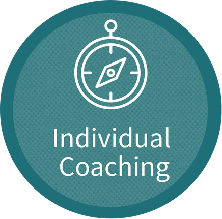 Icon of a compass above the text 'Individual Coaching' on a teal circular background