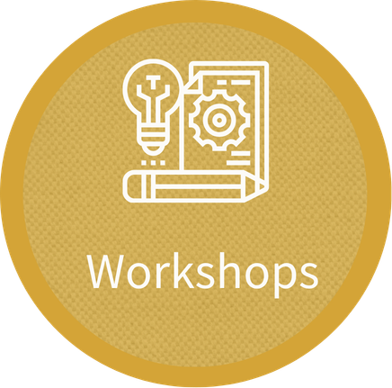 A circular icon with a light bulb, a gear, and a book or notebook, along with the word 'Workshops' underneath, on a gold background.