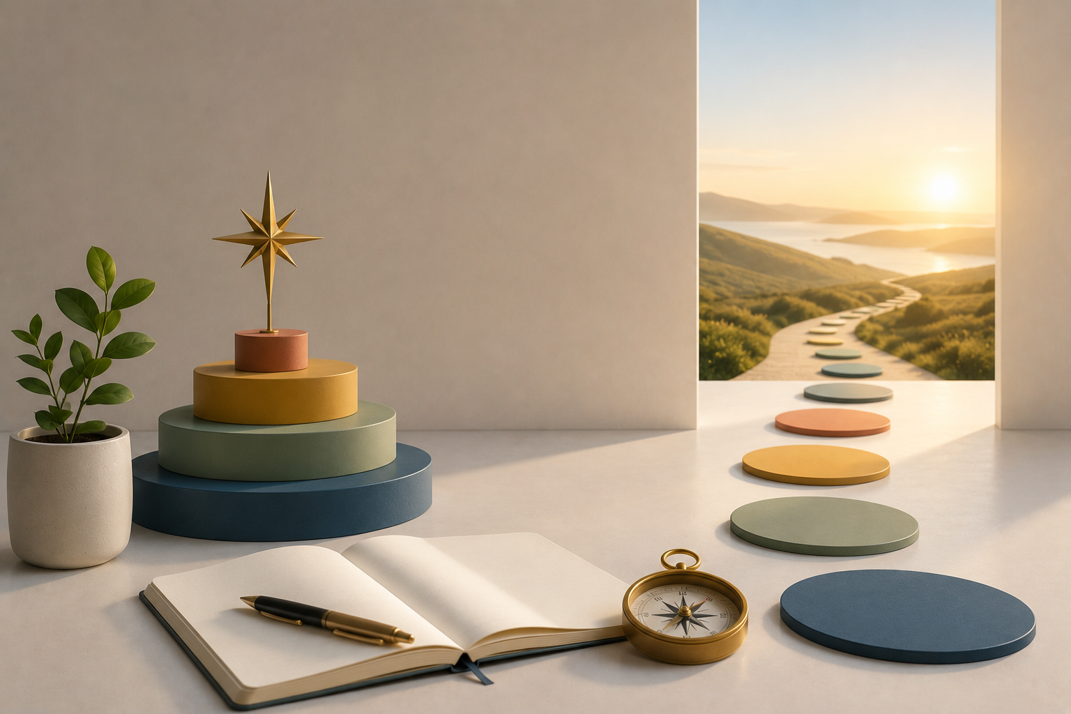 Decorative workspace with a potted plant, a stack of colorful round platforms, an open notebook with a pen, and a compass, with a scenic landscape and a path leading to the sunset visible through an open window.