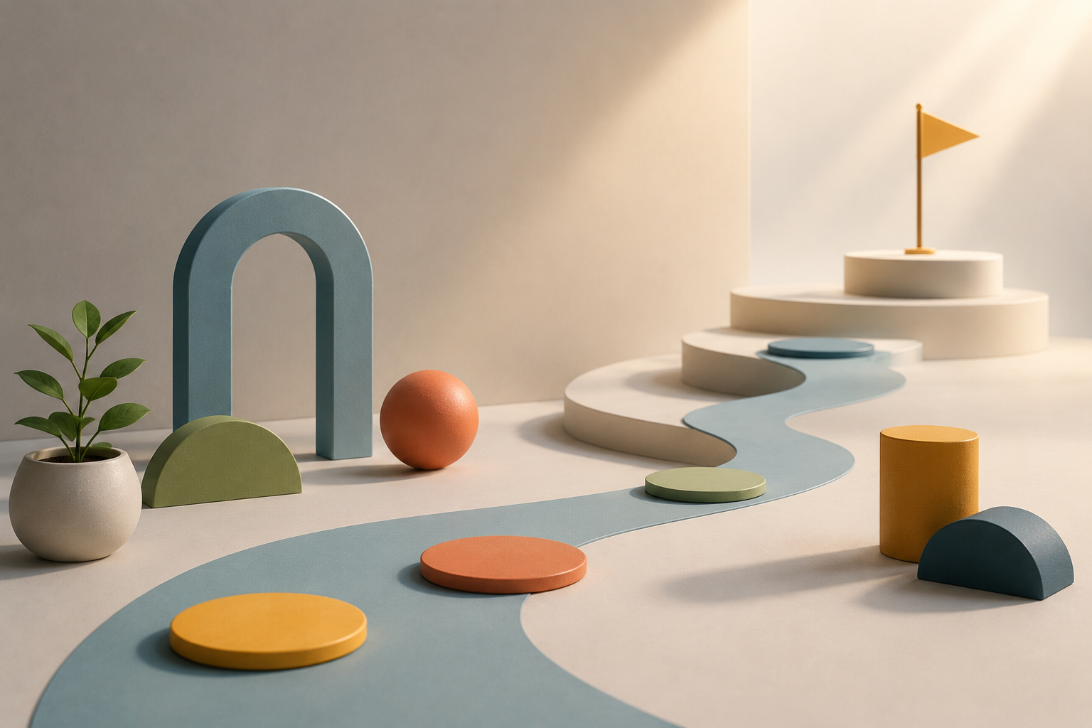 A minimalist, pastel-colored abstract landscape with a winding blue path, various geometric shapes, a small green plant in a white pot, and a flag on a tiered white platform.