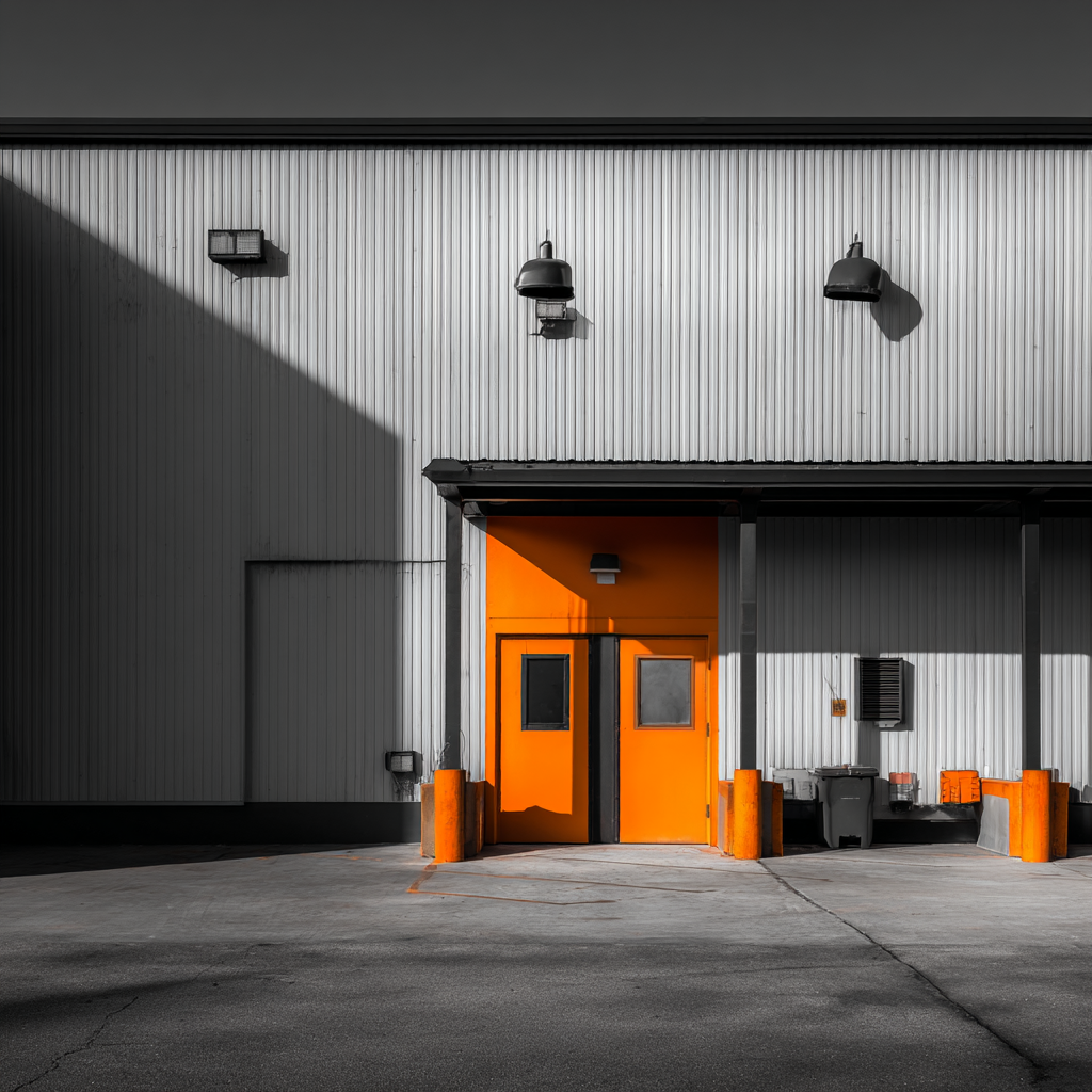 An industrial building with a large orange double door, gray metal siding, and shadows cast across the facade. There are lights and utility boxes on the wall.